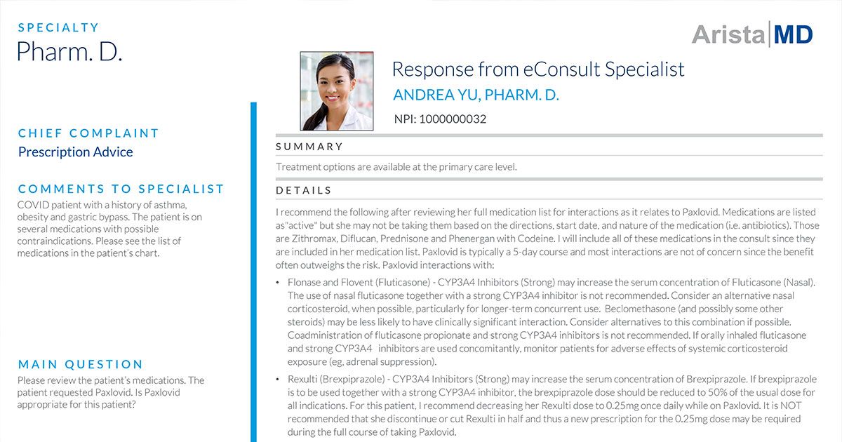 Medication Review by AristaMD PharmD eConsult Specialist