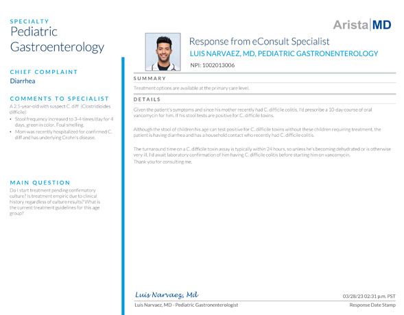 Pediatric Gastroenterology - Sample eConsult