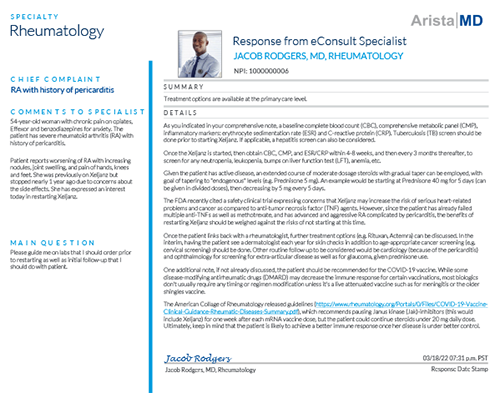 Rheumatology physician addresses RA with history of pericarditis via eConsult